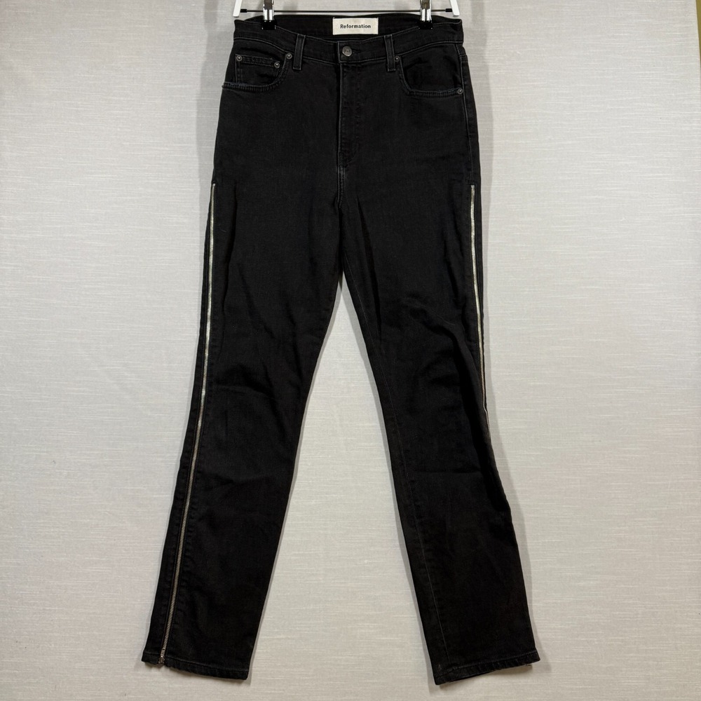 Reformation Jeans Womens 29 Black Side Zip USA Dark Edgy Biker Straight Modern